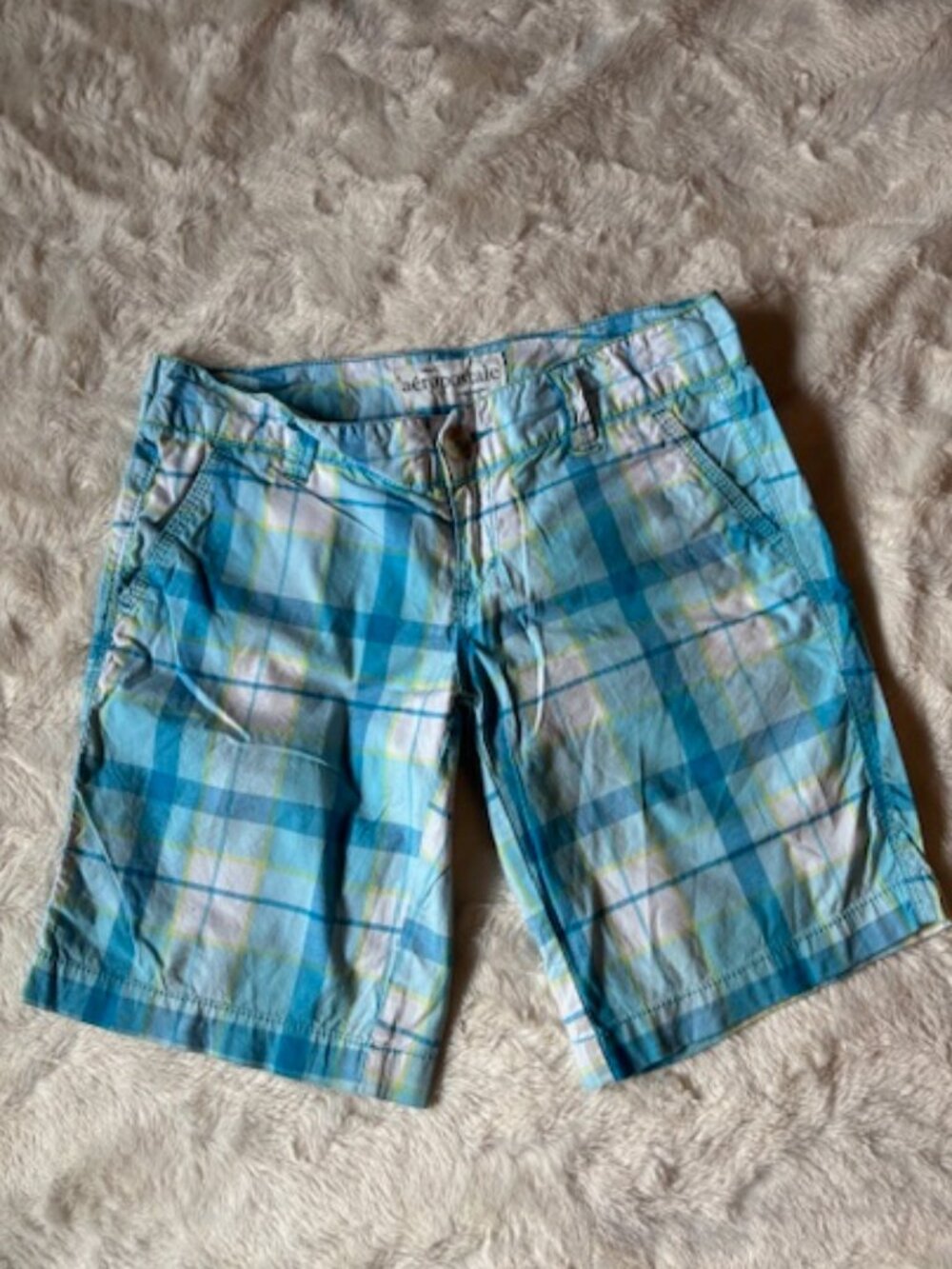 Aeropostale Blue White Yellow Plaid Shorts Womens Size 0 Cotton Pockets EUC